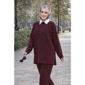 Resim Esra Butik Mürdüm Siyah Taş Çimalı Tesettür Ikili Takım Tunik Pantolon Şık Rahat 