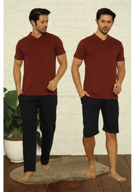 Resim Akbeniz Erkek Bordo V Yaka 3'Lü Pijama Takım 6822-Bordo 