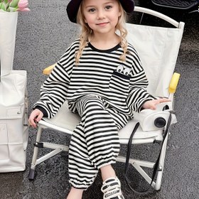 Resim Kız Çocukları İçin 2024 İlkbahar/Sonbahar Yeni Tarz Şirin Kore Modası Çizgili Büyük Gözlü İki Parçalı Takım, Dış Mekan İçin Mükemmel 