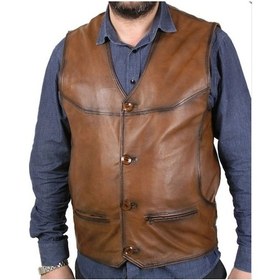 Resim Hakiki Kuzu Derisi Kahverengi Leon Düğmeli Erkek Deri Yelek Taba 