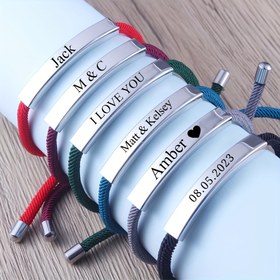 Resim Renkli halatlı özel ad ve tarihli, ayarlanabilir, ideal sevgililer günü, düğünler ve partiler için - Kırmızı, Gri, Şarap Kırmızısı, Mavi, Yeşil, Siyah - Lazer oyulmuş özel metin - Doğum günleri, Yeni Yıl, Sevgililer Günü, Anneler Günü, Yıldönümü hediyesi için mükemmel hediye|Renkli halat bileziği|Şık bilezik tasarımı, bilezik için bilezik 