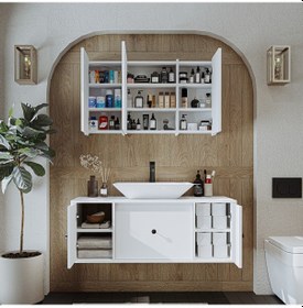Resim Çanak Lavabolu Mat Mdf 120 Cm Banyo Dolabı + Aynalı Dolabı Beyaz Mat Beyaz 
