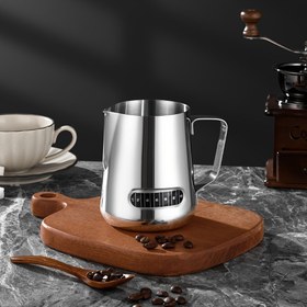 Resim Paslanmaz Çelik Süt Köpürtme Sürahisi Seti Entegre Termometre ile, 600ml Kapasite - Latte Art Buharlama Sürahisi, Ölçü İşaretli Espresso Kahve Köpürtme Kupası 