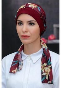 Resim Hürrem Bone Bordo Pratik Hazır Geçmeli Tesettür Bone Sandy Kumaş Desenli Şifo (545491053) Bordo 