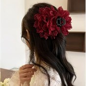 Resim Vintage Esintili Büyük Çiçekli Saç Pençesi - Kadınlar için Parıldayan Kumaş Çiçek Köpekbalığı Klipsi 