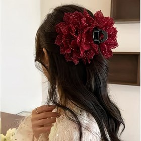 Resim Vintage Esintili Büyük Çiçekli Saç Pençesi - Kadınlar için Parıldayan Kumaş Çiçek Köpekbalığı Klipsi 