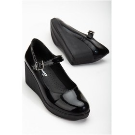 Resim Baretli Suni Deri Siyah Rugan Kadın Dolgu Taban Ayakkabı-3105 Siyah Melanj 