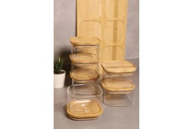 Resim Feyza Design 4'lü Kare Bambu Kapaklı Cam Kahvaltılık Seti, Şık ve Kullanışlıdır 