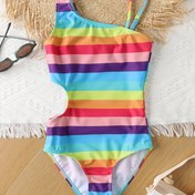 Resim Kızlar için Renkli Çizgili Tek Parça Mayo - Spor ve Günlük Plaj Giyimi, Omuz Açık Tasarım, Yüksek Esneklikli Polyester Karışımı, Makinede Yıkanabilir - Partiler ve Su Aktiviteleri için Mükemmel, Mayo 