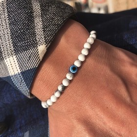 Resim Erkekler için Esnek Bilezik - 6mm Doğal Taş Boncuklar (Siyah Şeffaf Taşı, Beyaz Kuvars ve Kaplan Gözü), Mavi Göz Vurgulu - Günlük ve Resmi Kıyafetler İçin Elastik Uyum 