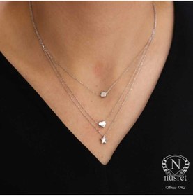 Resim 925 Ayar Gümüş Yıldız, Kalp, Yuvarlak Üçlü Kolye, Beyaz 461823654 