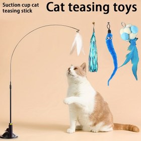 Resim İnteraktif Kedi Eğlence Oyuncağı, Vakumlu Tabanlı, Tüy, Çan ve Teaser Topları ile Kendi Kendine Eğlenen Tel Çubuk, Dayanıklı Plastik Malzeme, Pil Gerektirmez 