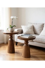 Resim ASELYA HOME Doğal Ahşap 2’li Set Mantar Yan Sehpa Modern Fiskos Zigon Çiçeklik 