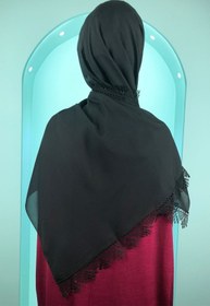 Resim Ebruli Kadın Minacarin Şifon Dantelli Iğne Oyalı Siyah Tesettür Namaz Mevlüt Örtüsü Abiye Şal 
