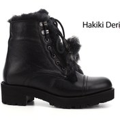 Resim GÖNDERİ(R) Kadın / Kız Siyah Floter Fermuarlı Hakiki Deri Kürklü Postal Bot 