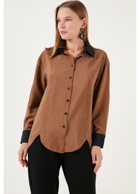 Resim Lela Asimetrik Kesim Oversize Fit Dokuma Bayan Gömlek 611Go0178 Camel 