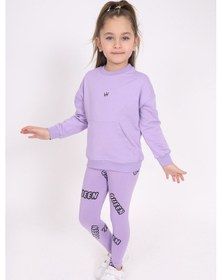 Resim Toontoy Kız Çocuk 2'li Takım Baskılı Bisiklet Yaka Düşük Omuz Cepli Sweatshirt & Basic Düz Tayt Lila 