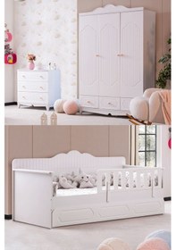 Resim Flower Çocuk Odası Takımı, Flower Yavrulu Karyola, 3 Kapaklı Dolap, Şifonyer - Beyaz Renkli 