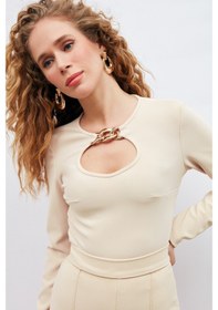 Resim Sateen Zincir Detaylı Bluz - Bej 