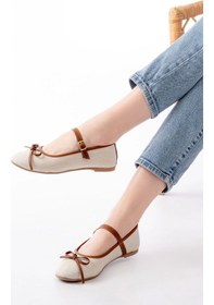 Resim 6321 Bej Keten Günlük Baret Tokalı Bayan Babet Çok Renkli 