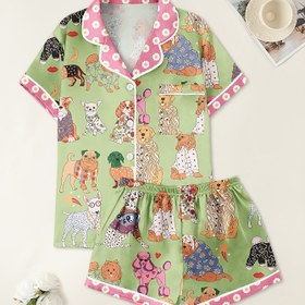 Resim Renkli Köpek Desenli Rahat Kadın Pijama Takımı, Çift Kısa Kollu, Polyester Elastik, Tüm Mevsimler İçin Rahat, Günlük Ev Giyimi, Tüm Mevsimler İçin Rahat|Oyuncağı Desen|Polyester Karışımı 
