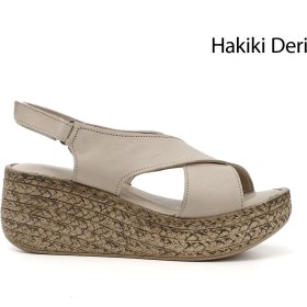 Resim Gönderi(r) Kadın Bej Antik Cırt Bantlı Dolgu Topuk Hakiki Deri Sandalet 