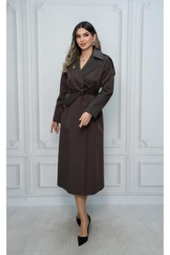 Resim Eccim Fashion Deri Detaylı Broşlu Sade Uzun Kadın Ceket Trençkot 