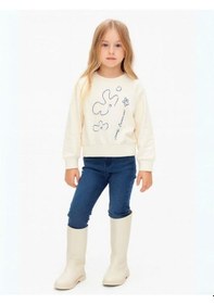 Resim Kız Çocuk Çiçek Desenli Sweatshirt-16138 KREM 
