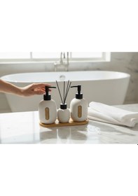 Resim Bounies Banyo Seti Takımı - Sıvı Sabunluk Seti Bambu Altlıklı 4 Parça Bej Bej 