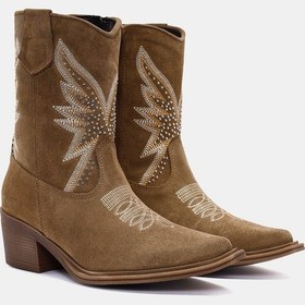 Resim Laura Kadın Camel Gerçek Süet Deri Taşlı Western Bot Camel 