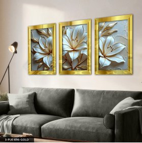 Resim Evinemoda Gold Yapraklı Zambak 3 Parça Gold Pleksi Aynalı Tablo 
