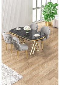Resim Canisa Zae Serisi 90x168 Lak Panel Siyah Mermer Desen Gold Ayak Masa Takımı 4 Gri Sandalye Masa Siyah Mermer Desen Sandalyeler Gri 