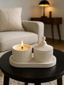 Resim Lüks Kapaklı Beton Mum Seti - Ahşap Fitilli & El Yapım 