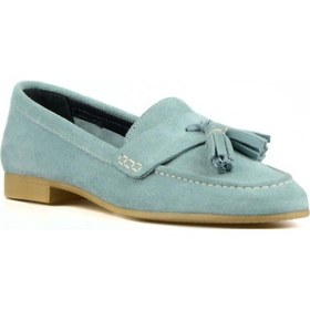Resim Turkuaz Mavi Süet Püskül Detaylı Kadın Loafer Turkuaz 
