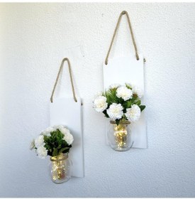 Resim Led Işıklı, Beyaz Karanfil Çiçekli Duvar Dekoru Beyaz İkili Set Beyaz 