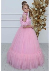 Resim Riccotarz Kız Çocuk Göğsü Simli Jakar Detaylı Çıkarılabilir Yaka Omuzları İncili Kolsuz Pembe Abiye Pembe 