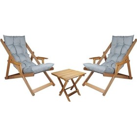 Resim Bysay Ahşap Katlanabilir Puf Minderli Kollu Şezlong 3 Lü Set-Gri 