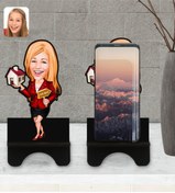Resim Bk Gift Kişiye Özel Kadın Emlakçı Karikatürlü Ahşap Biblo Telefon Standı-2 