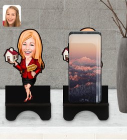 Resim Bk Gift Kişiye Özel Kadın Emlakçı Karikatürlü Ahşap Biblo Telefon Standı-2 