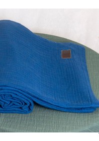 Resim 4 Katlı Müslin Yatak Örtüsü - Battaniye Pike %100 Organik Pamuk Dört Mevsim Yumuşak Tek Kişilik Lacivert 