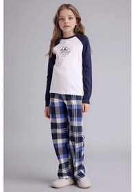 Resim Defacto Kız Çocuk Pijama Takımı Baskılı Uzun Kollu Üst Kareli Uzun Alt F7288a825auwt79 Beyaz-wt79 