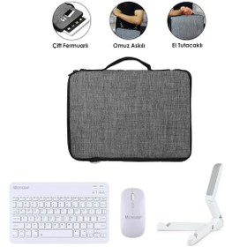 Resim Microcase Apple Uyumlu iPad Pro 11 2025 Tablet Gri Çanta + Türkçe Bluetooth Klavye + Mouse + Standı - Beyaz Al5163 Omuz Çantası 