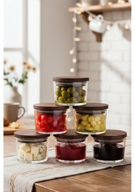 Resim Snippy Velo - 6'lı Ahşap Vakumlu Kapaklı Yuvarlak Cam Kahvaltılık Çok Amaçlı Cam Çerezlik 245 ML Ahşap 