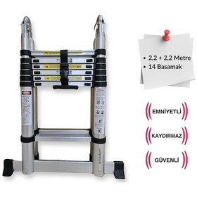 Resim 220 + 220 Cm. - 7+7 Basamaklı Teleskobik / Teleskopik Alüminyum A Merdiven 