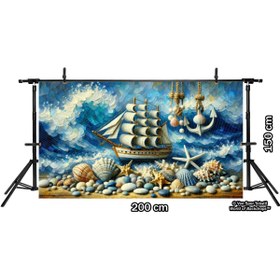 Resim Venspor Deniz Temalı Yelkenli ve Deniz Kabuğu Arkaplan - 200x150cm Fon Duvar Örtüsü 