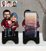 Resim Bk Gift Kişiye Özel Tesettürlü Aile Karikatürlü Ahşap Biblo Telefon Standı-2 
