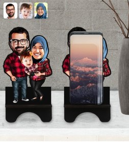Resim Bk Gift Kişiye Özel Tesettürlü Aile Karikatürlü Ahşap Biblo Telefon Standı-2 