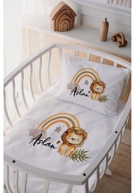 Resim %100 Pamuk Saten Isme Özel Isimli Anne Yanı Beşik Nevresim Takımı Aslan 8 