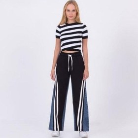 Resim Zekids Kız Çocuk Şeritli Bol Paça Denim Pantolon-13453-siyah Siyah 