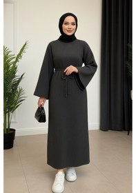 Resim Defymoda Kadın Gri Ribanalı / Fitilli Uzun Tesettürlü Kışlık Elbise - Çan Kol Detaylı Astarlı/örme Gri 